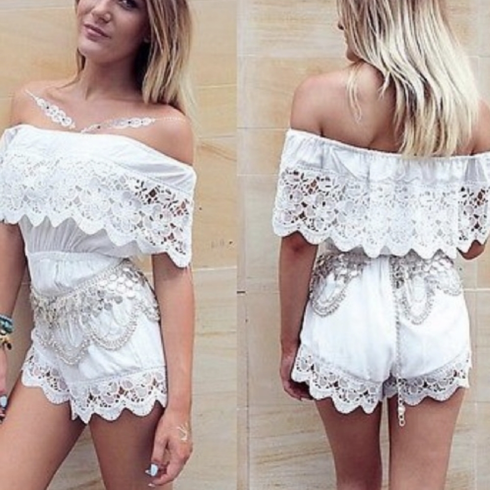 Rumor White Crochet Lace Off Shoulder Romper LF XS Summer Festival Femme